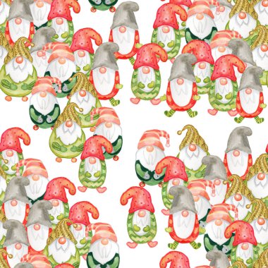 Dijital Kağıt Kusursuz Desensiz Şirin Noel Cüceleri El Tarafından Sulu Boya