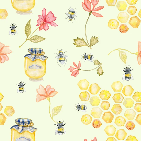 Pastorale Stimmung. Honig, Bienen, Waben, Blumen. Pastellfarben. Aquarell handgezeichnet. — Stockfoto