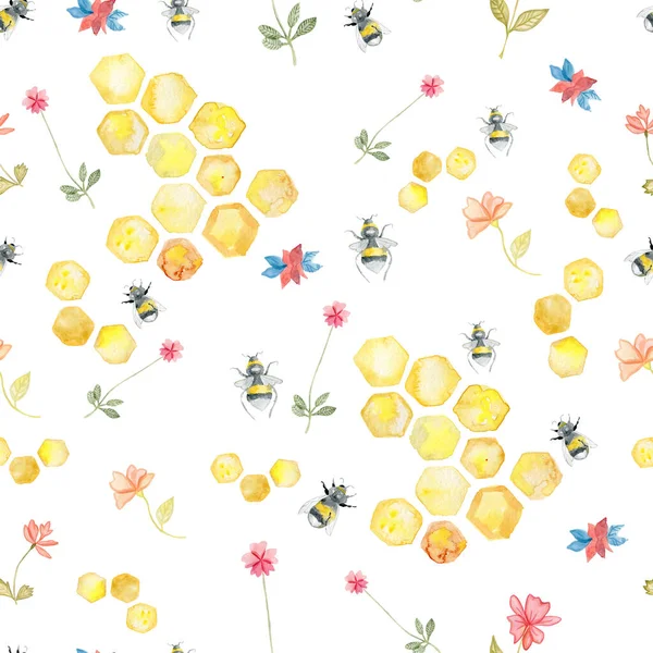 Pastorale Stimmung. Honig, Bienen, Waben, Blumen. Pastellfarben. Aquarell handgezeichnet. — Stockfoto