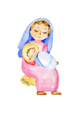 Kollarında bebek İsa 'yla Bakire Meryem. Beyaz arkaplanda izole edilmiş şirin suluboya çizimi