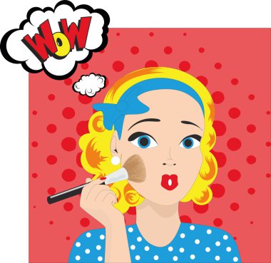 Popüler sanat, ağzı açık bir kadın yüzü görünce şaşırdı. Konuşma baloncuğu olan komik kadın. Vektör illüstrasyonu.