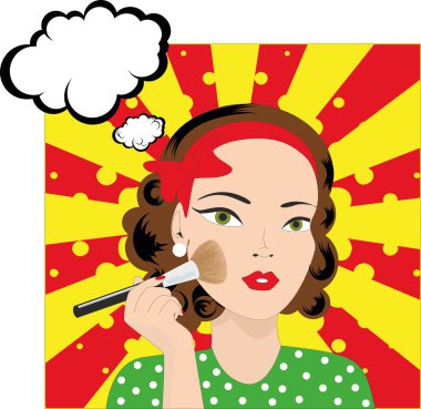 Popüler sanat, ağzı açık bir kadın yüzü görünce şaşırdı. Konuşma baloncuğu olan komik kadın. Vektör illüstrasyonu.