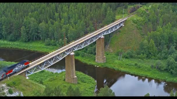 Vista aérea de un tren que cruza un puente ferroviario sobre un río en verano — Vídeos de Stock