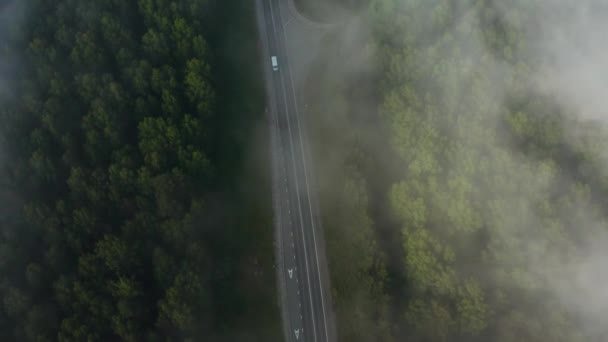 Widok z lotu ptaka na drogę w lesie przez chmury. — Wideo stockowe