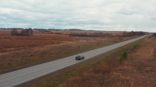 Vista de aves cinemáticas: un coche atraviesa un terreno accidentado en un campo amarillo. — Vídeo de stock