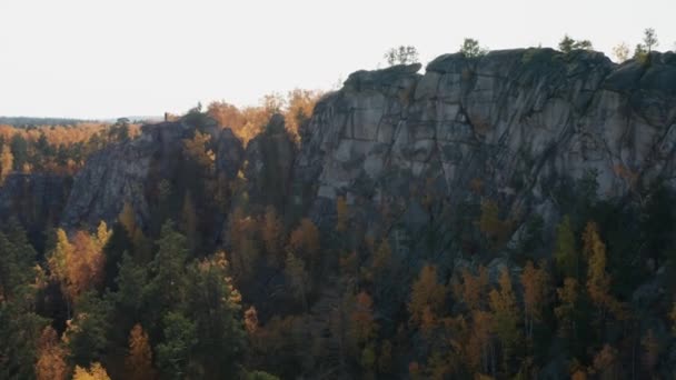 Vista aérea de las colinas en los árboles, una caída colorida — Vídeos de Stock