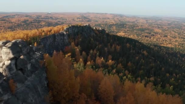 Aerial view of a cliff surrounded by a colorful autumn forest at sunset — Stock Video