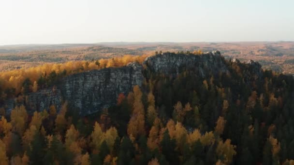 Aerial view of a cliff surrounded by a bright autumn forest at sunset — Stock Video