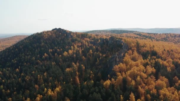 Vista aérea de las colinas en los árboles, una caída colorida — Vídeo de stock