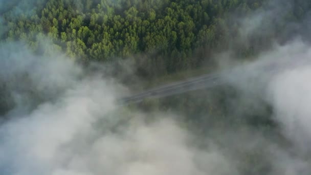 Widok z lotu ptaka na drogę w lesie przez chmury. — Wideo stockowe