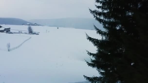 在村庄背景下滑向高山的雪板的空中视图 — 图库视频影像