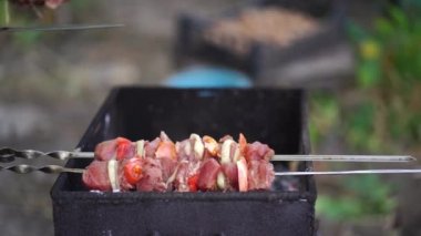 Çiğ shashlik 'i şiş üzerinde sebzelerle kapat. Izgarada kızartılmış soğan ve domatesli leziz bir barbekü. Açık hava pikniği kavramı
