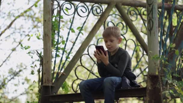 公園でスマートフォンを使う少年。深刻な集中学校の男の子でカジュアルウェアに座ってベンチに座って携帯電話でゲームをプレイしながら、秋の日を過ごす公園 — ストック動画