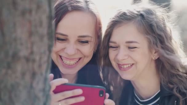 Close Mulheres Jovens Navegando Telefone Celular Madeira Bonitas Fofocas Femininas — Vídeo de Stock