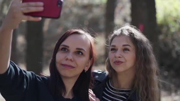 Primer Plano Mujeres Jóvenes Navegando Por Teléfono Móvil Madera Bonitas — Vídeo de stock