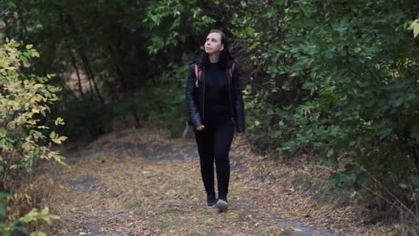 女性観光客がハイキングに行った 公園を歩く女性 静かな秋の森の中を歩くハイキングバックパック付きの若い女性 — ストック動画