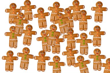 İzole edilmiş beyaz arka plandaki zencefilli çörekleri kapatın. Noel havası için süslü zencefilli çörekler ve bayramda klasik kurabiye kavramı.