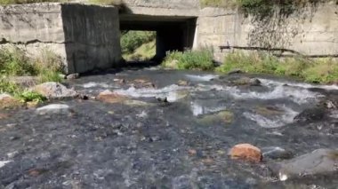 Temiz dağ nehri köprünün altındaki taşların üzerinden akar. Güneşli bir havada taştan kıyılarda akan hızlı su yolu..