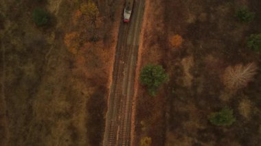 Yük treninin kırsaldaki hava manzarası. Sonbahar mevsiminde ormanın yakınındaki tren istasyonunun kuş bakışı görüntüsü.