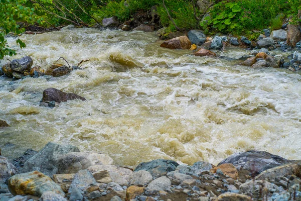 Rychlá Řeka Zeleného Břehu Rychlý Čistý Potok Tekoucí Kamenech Pobřeží — Stock fotografie