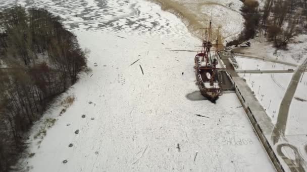 Aerial View Battleship Navy Winter Season Bird Eye View Historical — Stock Video