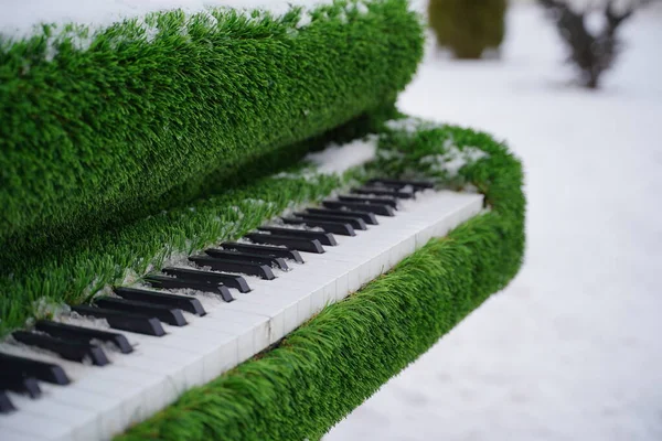 Primer Plano Piano Decorativo Calle Invierno Instalación Instrumento Musical Verde —  Fotos de Stock