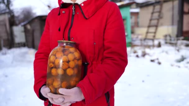 冬に庭で果物と缶ジュースを保持している女性の手の閉じる 冬にアプリコットとコンポートの認識できない女性の保持密封された瓶 — ストック動画