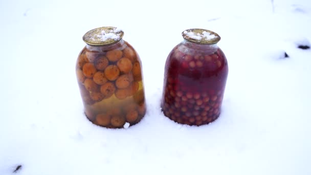 附近的罐头果汁与水果和浆果在雪地上的街道 花园中装有椰子汁的密封罐子 — 图库视频影像