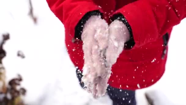 Feche Mãos Mulher Sacudindo Neve Luvas Mulher Irreconhecível Limpando Luvas — Vídeo de Stock