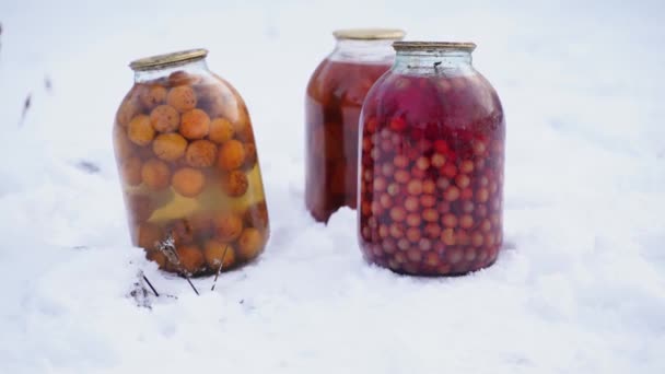 通りの雪の中で果物 トマトと缶詰のジュースを閉じます 冬の庭での堆肥の密封瓶 — ストック動画