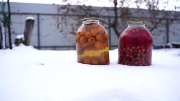 Närbild Konserverad Juice Med Frukt Och Bär Snö Gatan Förseglade — Stockvideo