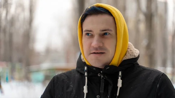 Portrait Young Man Yellow Hood Street Winter Close Adult Male — Stock Photo, Image