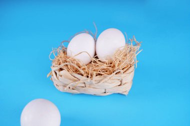 Çiftlik çiğ, taze beyaz tavuk yumurtası mavi arka planda sepette. Kavram: Sabah kahvaltısı için taze yumurta.