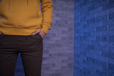 Metnin için kopyalanmış tuğla bir duvara karşı genç bir kadının vücudunun ön yüzü. Tanınmayan bir kadının elini pantolonunun cebine koy.