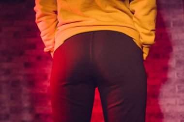 Arkadan bakınca, genç bir kadının vücudunun bir kısmı tuğla duvara yaslanmış. Popo sallayan tanınmayan bir kadına yakın çekim.