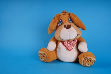 Şirin oyuncak köpeciğine yaklaş. Mavi arka planda yumuşak peluş oyuncak