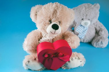 Kalp şeklinde kırmızı hediye kutusu olan sevimli oyuncak ayılara yakın durun. Mavi arka planda mevcut yumuşak peluş oyuncaklar. Tatil kavramı, hediyeler ve iyi ruh hali.