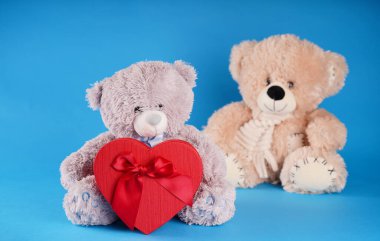 Kalp şeklinde kırmızı hediye kutusu olan sevimli oyuncak ayılara yakın durun. Mavi arka planda mevcut yumuşak peluş oyuncaklar. Tatil kavramı, hediyeler ve iyi ruh hali.