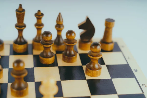 Close Chess Gray Background Wooden Chess Pieces — Stock fotografie