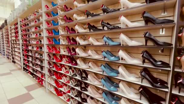 Zapatería Estantería Con Zapatos Diferentes Zapatos Mostrados Tienda Para Venta — Vídeo de stock