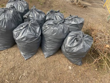 Şehir caddesinde siyah yaprakların içinde toplanmış. Yapraklarla dolu siyah plastik torbalar. Şehir sokaklarının yapraklarından mevsimlik temizliği.