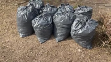 Şehir caddesinde siyah yaprakların içinde toplanmış. Yapraklarla dolu siyah plastik torbalar. Şehir sokaklarının yapraklarından mevsimlik temizliği.