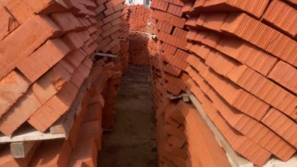 Pile Pallets Red Bricks City Street Building Materials Construction Site — Stock Video