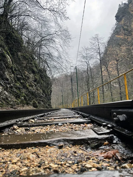 Primo Piano Della Ferrovia Terreni Montuosi Circuito Ferroviario Tempo Piovoso — Foto Stock