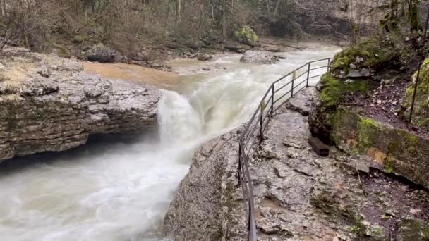 Beau paysage de rivière de montagne dans une nature étonnante et mystérieuse. Voie navigable de montagne traversant un terrain montagneux. — Video