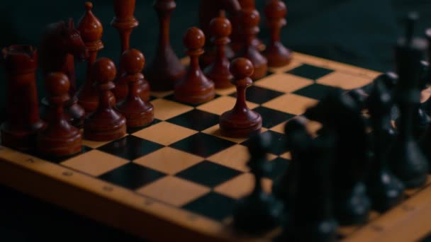 Κοντινό Πλάνο Ξύλινων Κομματιών Σκακιού Στη Σκακιέρα Άγνωστο Θηλυκό Χέρι — Αρχείο Βίντεο