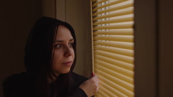 Acercamiento Joven Mujer Mirando Través Persianas Ventana Casa Retrato Mujer — Vídeo de stock