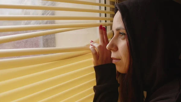 Close Young Woman Watching Window Blinds Home Portrait Curious Female — Stock Photo, Image