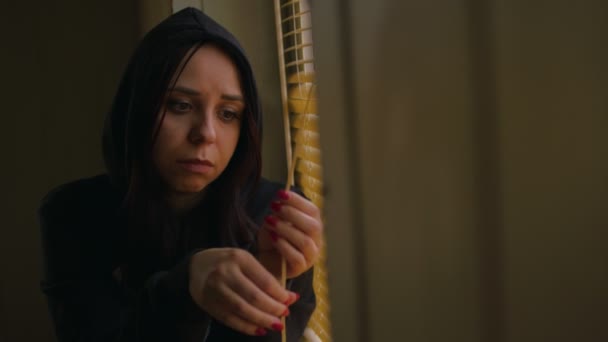 Close Thoughtful Woman Sitting Window Home Portrait Sad Female Twisting — Stock Video