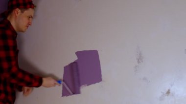 Dans eden ve duvarları mor renkte silindirle boyayan genç adama yaklaş. Duvara boya süren mutlu erkek.. 